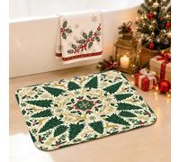 Tapis de salle de bain renne de Noël et forêt persistante 50,8 x 81,3 cm | Evergreen Trees, tapis de douche, WC, flocons de neige, décoration de salle de bain saisonnière, accents d'intérieur d'hiver