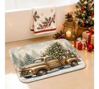 Tapis de salle de bain vintage Motif camion de Noël 40,6 x 61 cm | Motif camion vintage, tapis de bain, fond de forêt enneigée, surface en flanelle douce, couche d'éponge absorbante