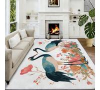 Tapis De Salon 100 x 160 cm Oiseaux en Vol Fleurs Roses Tapis De Couloir, Animaux De Style Japonais Antidérapant Poils Courts Moquette Confortable pour Chambre Salon