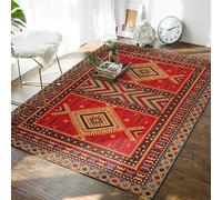 Tapis de salon 100 x 160 cm pour chambre à coucher, tapis antidérapant et doux, à poils courts, pour salle à manger, cuisine, décoration d'intérieur, style géométrique rétro ethnique, rouge et jaune