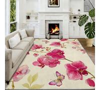 Tapis De Salon 140 x 200 cm Orchidées Roses Papillons Tapis De Couloir, Peinture À L’Aquarelle Antidérapant Poils Courts Moquette Confortable pour Chambre Principale