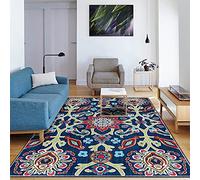 Tapis de salon, 160 x 200 cm, doux, à poils courts, décoration intérieure, lavable, antidérapant, cuisine, bureau, salle à manger, design rétro, bleu ethnique