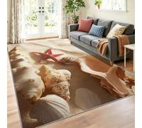 Tapis de Salon 160 x 230 cm, Plage Naturelle Faible Poil Antidérapant avec Étoile De Mer Vagues D'Océan Plage Dorée Imprimé Tapis Chambre pour la Chambre à Coucher, Le Bureau à Domicile, Beige