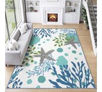 Tapis de Salon 180 x 240 cm Étoile Mer Aquarelle Algues Tapis de Chambre, Doux et Antidérapant Éléments Océan Lavable en Machine Paillasson pour Salon Cuisine Couloir et Décoration Maison