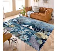 Tapis de Salon 180x240 cm Lavable Antidérapant Poils Ras Moquette Chambre Animaux Et Fleurs Fantastiques Grand Tapis Douce Intérieur pour Chambre D'enfant ou Adulte, Entretien Facile, Bleu Clair