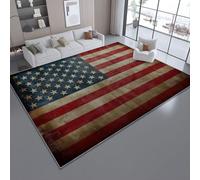 Tapis de Salon 60 x 110 cm Lavable Imprimé Vieilli Américain Drapeau Rayures Thème, Antidérapant Flanelle Poils Ras Tapis pour Salle à Manger Chambre d'enfant - Rouge