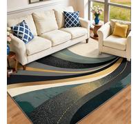 Tapis de Salon Bleu-Vert - Minimaliste Lavable Polyester Tapis à Poils Courts - Abstrait Feuille Or Rayures Courbes Motif - Tapis Doux Antidérapant 60 x 110 cm pour Chambre d'enfant Salle d'étude