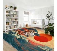 Tapis de Salon Forêt De Pins Soleil Vagues Océan Tapis de Lavable | Traditionnel Japonais Tapis de Chambre Antidérapant 160 x 230 cm Moquette Poils Courts pour Salon Chambre d'enfant Bureau
