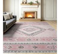 Tapis de Salon Lavable en Machine 60 x 90 cm, Tapis Poils Courts Antidérapant et Doux Imprimé Bohème Géométrique, Moquette Motif Vintage Losanges Rayures pour Chambre Bureau Cuisine, Rose Clair