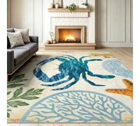 Tapis de Salon Lavable en Machine 60 x 90 cm, Tapis Poils Courts Antidérapant et Doux Imprimé Vintage Crabe, Moquette Motif Étoile de Mer Corail Feuilles pour Chambre Bureau Cuisine, Beige