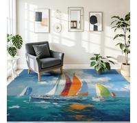 Tapis de Salon Lavable en Machine 80 x 150 cm, Peinture À L'Huile Poil Antidérapant avec Voile Nautique Mouette Tapis pour la Chambre à Coucher Le Bureau à Domicile Decoration Chambrel, Bleu Clair