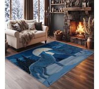 Tapis de Salon Lune Double Loup Neige 140 x 200 cm Garçons Filles Adolescents, Animaux Fantastiques Tapis de Chambre 3D Imprimé Flanelle Lavable Moquette Coucher Cuisine Bureau