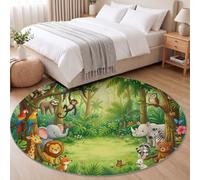 Tapis de Salon Rond, Animal De Forêt Dessin Animé pour Chambre d'enfant | Tapis Rond Lion Singe Renard Antidérapant Doux et Moelleux pour Salle à Manger Chambre Canapé, Diamètre 180 cm