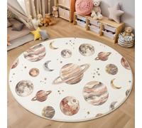 Tapis de Salon Rond Corps Célestes Le Système Solaire, Planètes Lune Étoiles Estampe Doux Brun Tapis Antidérapant Lavable en Machine, pour Salon Chambre à Coucher Cuisine Salle à Manger 150cm