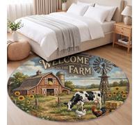 Tapis de Salon Rond, Motif Animal De Maison De Ferme pour Chambre d'enfant | Tapis Rond Vache Tachetée Rustique Antidérapant Doux et Moelleux pour Salle à Manger Chambre Canapé, Diamètre 180 cm