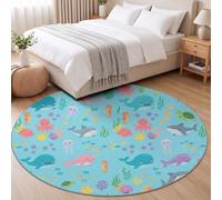 Tapis de Salon Rond, Motif Animal Nautique Dessin Animé pour Chambre | Tapis Rond Requin Pieuvre Corail Antidérapant Doux et Moelleux pour Salle à Manger Chambre Canapé, Diamètre 180 cm