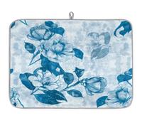 Tapis de séchage à vaisselle vintage à fleurs bleues pour comptoir de cuisine - 40,6 x 45,7 cm - Absorbant en microfibre - Tapis d'égouttoir à vaisselle - Comptoirs de cuisine