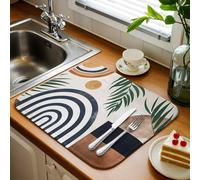 Tapis de séchage pour comptoir de cuisine, tapis de séchage réversible en microfibre absorbant motif feuilles géométriques abstraites style rustique 45,7 x 61 cm