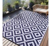 Tapis de terrasse d'extérieur en plastique résistant aux UV, pliable, lavable, pour balcon, 270 x 360 cm, bleu marine et blanc
