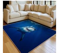 Tapis Décoratif Grand Requin Blanc des Profondeurs Marines 160 x 230 cm Azuré Antidérapant Lavable en Machine, Tapis Chambre et Salon