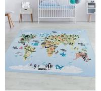 SIMPEX Tapis pour Enfants, Carte du Monde avec Motif Animalier, Bleu, 140 x 200 cm, Tapis Chambre d'enfant