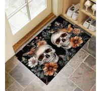 Tapis D'entrée Antidérapant Intérieur 90 x 150 cm Crânes Fleurs Papillons - Lavable Tapis Antidérapant D'entrée Intérieur, Art Sombre Gothique Paillassons Pour Entrée, Vestibule, Chambre, Orange