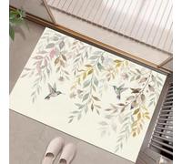 Tapis d'entrée Branches Feuilles 40 x 60 cm, Lavable, antidérapant, Tapis Paillasson antidérapant à poils ras - Lavable -Style Colibri Aquarelle - Beige Vert - Pour salle de bain, cuisine, buanderie