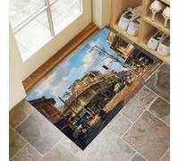 Tapis d'entrée Intérieur Ultra-Fin, 80 x 120 cm Scène Rue Rétro Tapis de Sol Antidérapant Lavable Peinture À L'Huile Rues Vieille Ville Paillasson Absorbe l'eau pour Porte, Cuisine et Couloir, Brun