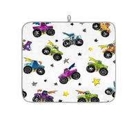 Tapis égouttoir à vaisselle pour comptoir de cuisine, 40,6 x 45,7 cm, motif Monster Trucks coloré, tapis égouttoir absorbant en microfibre absorbante, tapis de séchage réversible antidérapant pour