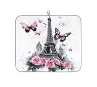 Tapis égouttoir à vaisselle pour comptoir de cuisine, 40,6 x 45,7 cm, rose, tour Eiffel, papillon, tapis égouttoir absorbant en microfibre, tapis de séchage réversible antidérapant pour comptoir