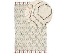 Tapis en Coton Beige et Orange 140 x 200 cm à Pompons et Motif Géométrique Hajip