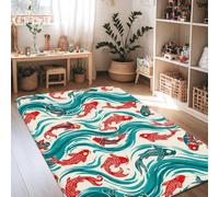 Tapis en éponge à poils courts avec motif carpe traditionnel japonais vagues d'eau et vagues - Ne perd pas ses poils - Pour salon, chambre à coucher, couloir, bureau, bureau - 1,2 x 1,8 m