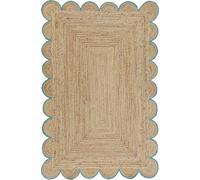 Tapis en jute fait à la main avec bordure festonnée bleu ciel 6 x 1,8 m