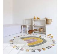 Tapis Enfant Coton Lavable Arc En Ciel Avec Pompons Rainbow Multicolore - Vert, Jaune, Ros Diam 110cm