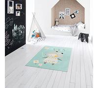 Tapis Enfant Ourson, Tapis rectangulaire à poils courts, idéal pour la chambre d'enfant - salle de jeu, facile d'entretien - résistant aux tâches, Polypropylène, 120x150 cm, Bleu - Multicolore