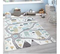 Tapis enfant - Paco Home - 80x150 cm - Crème Bleu Pétrole Gris Jaune - Voitures - Route Maison - Épaisseur 9 mm