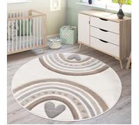 Tapis enfant rond - Paco Home - 120 cm - Crème - Cœur arc-en-ciel - Effet 3D - Doux - Facile à nettoyer