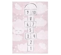 Tapis enfant - TESSO LIVING - Rectangulaire - Lavable - Antidérapant - Jeux de saut - Etoiles - Nuages - Rose