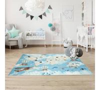 Tapis Enfant Tissé Motif Fresque Le Monde Bleu 80X150
