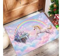 Tapis Entree Interieur Paillasson 80X120Cm Château Rêve Sous Un Ciel Étoilé, Romance Licornes Nuages Tapis Cuisine Devant Evier Antidérapant Lavable Pour Décoration D'Intérieur Couloir, Bleu Poudre