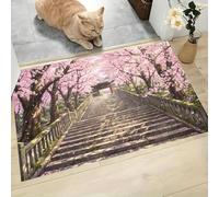 Tapis Entree Interieur, Paillasson Lavable en Machine,Style Anime,Escaliers En Pierre Cerisiers En Fleurs, à Poils Courts, Antidérapant et Doux, Idéal pour Couloir, Entrée ou Cuisine,Rose,40 x 60 cm