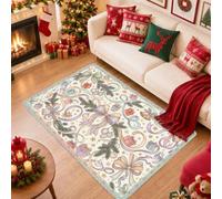 Tapis fantaisie avec ruban et cadeau de Noël 1,2 x 1,8 m | Illustration dessinée à la main, branches de pin, motifs de boîte cadeau, accents saisonniers pour la maison