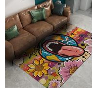 Tapis Fleurs Graffiti 90x150 Tapis Lavable pour Le Salon Pop Art Hippie Bouche Surface Tournesol Poil Bas Non déchus Moquette bohème antidérapants Doux pour Chambre Salle Jeux entrée