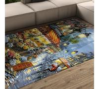 Tapis Floraux Vintage de café français Soirée Romantique pluvieuse Tour Eiffel Moquette à Motif de Peinture à l’Huile Tapis de Sol pour décoration intérieure européenne 180x200cm