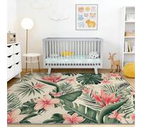 Tapis Illustration Bohème Poils Courts Lavable 60 x 90 cm, Antidérapant Tropical Plantes Feuilles De Palmier Monstera Salon Chambre Cuisine Salle à Manger Douce Tapis, Vert Rose Clair