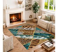Tapis imprimé animal géométrique marbre patchwork maximaliste 1,2 x 1,8 m | Patchwork géométrique, thème safari, accents de marbre doré, palette de couleurs bleu sarcelle et noir