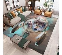 Tapis Imprimé Loup Attrape Rêve Pour Salon Chambre Décoration de la Maison Moderne Flanelle Antidérapante Chambre D'enfants Tapis de Sol de Jeu,Forêt Étoile Plume Wolf Motif (Gris,80x120 cm)