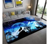 Tapis Imprimé Loup Pour Salon Chambre Décoration de la Maison Moderne Flanelle Antidérapante Chambre D'enfants Tapis de Sol de Jeu,Forêt Neige Nuit Ciel Lune Loups Motif (Marine,120x180 cm)