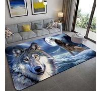 Tapis Imprimé Loup Pour Salon Chambre Décoration de la Maison Moderne Flanelle Antidérapante Chambre D'enfants Tapis de Sol de Jeu,Forêt Neige Nuit Ciel Lune Loups Motif (Bleu,140x200 cm)