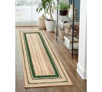 Tapis indien en jute naturelle tressé à la main, respectueux de l'environnement, tapis bohème pour chambre à coucher, salon, ferme, décoration de chambre d'enfant, couleur naturel/vert, 1,2 x 5,4 m